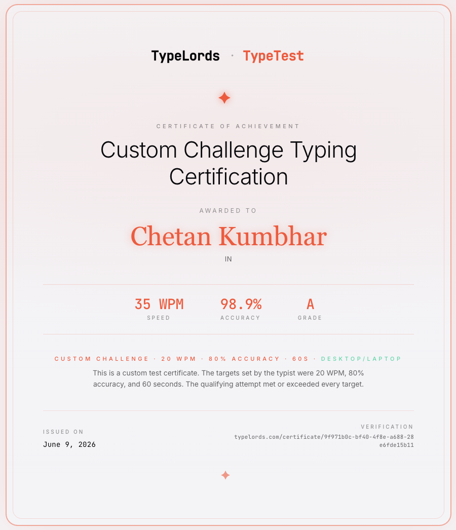 A TypeLords TypeTest certificate showing the tier, speed in WPM, accuracy, grade, and a verifiable public link